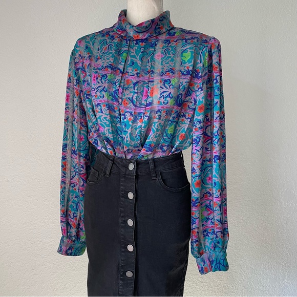 NICOLA AMAZING VINTAGE FLORAL MOCK NECK BUTTON DOWN BALOON SLEEVE BLOUSE TOP - Picture 6 of 16